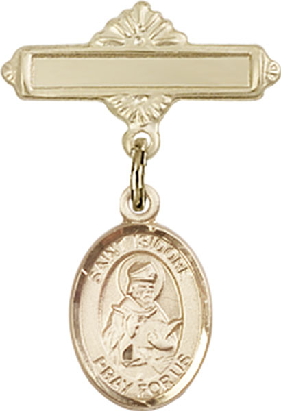 Personalized Baby Badge - Engraved Badge Pin with St. Isidore of Seville Charm