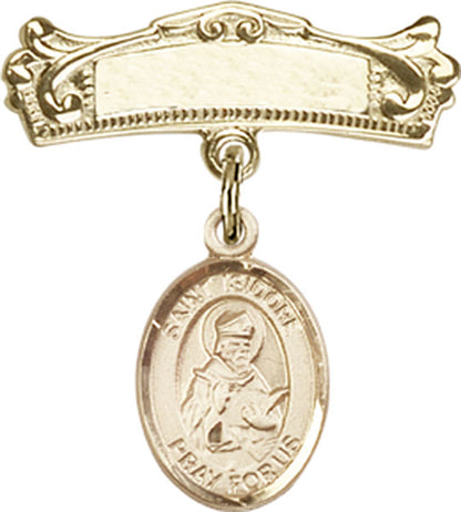 Personalized Baby Badge - Engraved Badge Pin with St. Isidore of Seville Charm