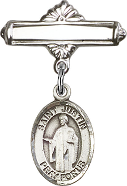 Personalized Baby Badge - Engraved Badge Pin with St. Justin Charm
