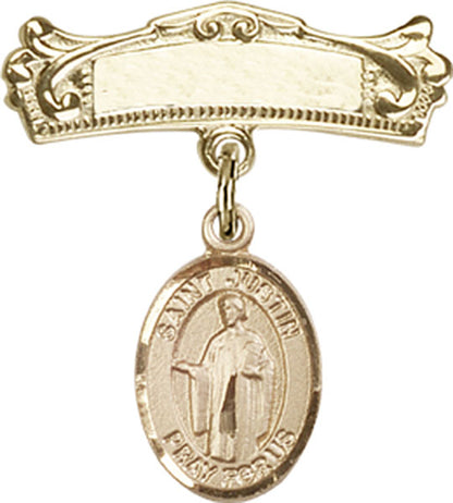 Personalized Baby Badge - Engraved Badge Pin with St. Justin Charm