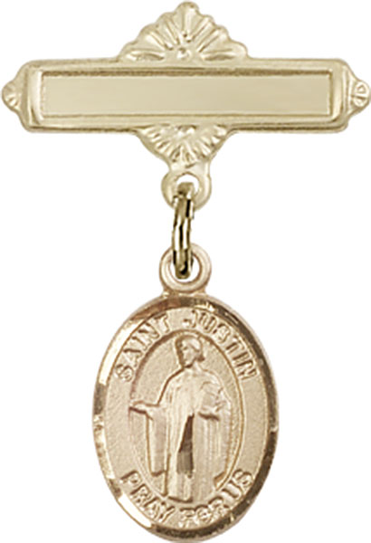 Personalized Baby Badge - Engraved Badge Pin with St. Justin Charm