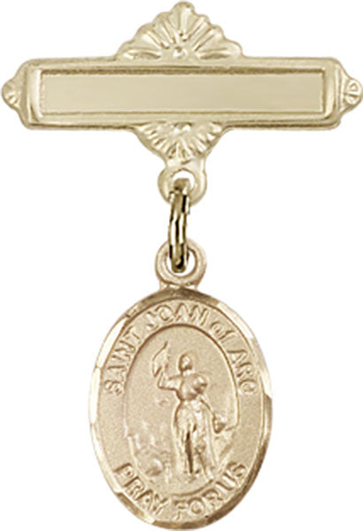 Personalized Baby Badge - Engraved Badge Pin with St. Joan of Arc Charm