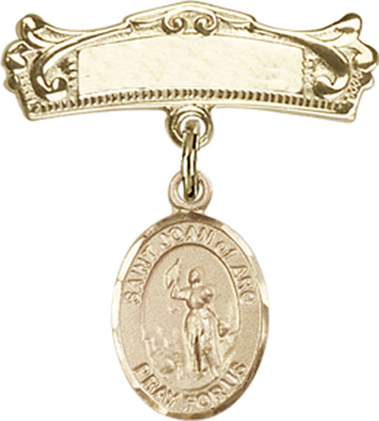 Personalized Baby Badge - Engraved Badge Pin with St. Joan of Arc Charm