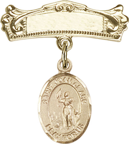 Personalized Baby Badge - Engraved Badge Pin with St. Joan of Arc Charm