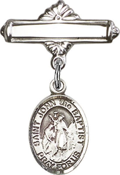 Personalized Baby Badge - Engraved Badge Pin with St. John the Baptist Charm