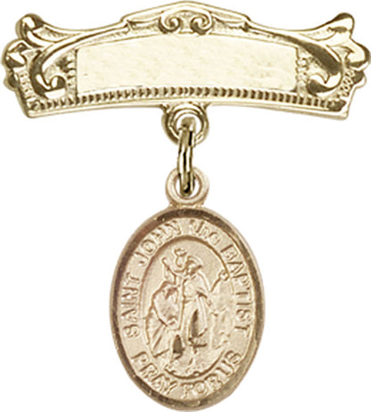 Personalized Baby Badge - Engraved Badge Pin with St. John the Baptist Charm
