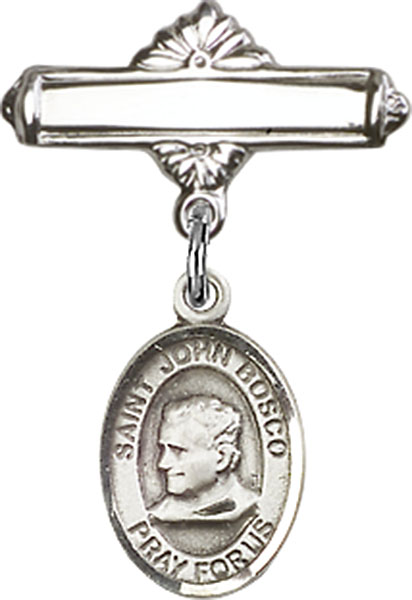 Personalized Baby Badge - Engraved Badge Pin with St. John Bosco Charm