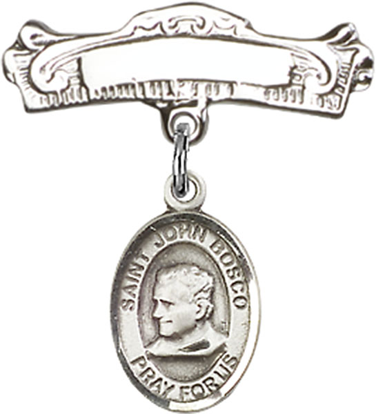 Personalized Baby Badge - Engraved Badge Pin with St. John Bosco Charm