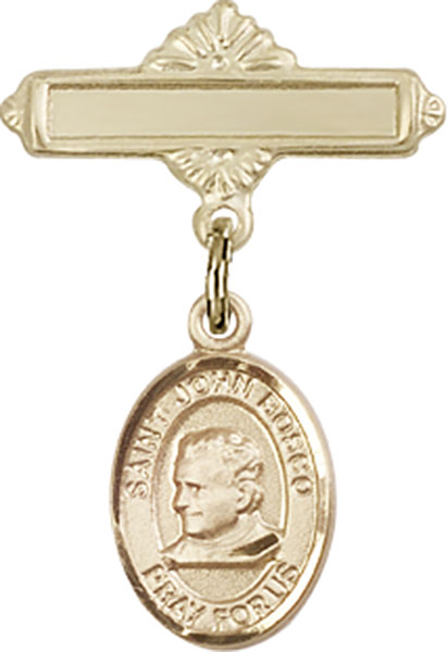 Personalized Baby Badge - Engraved Badge Pin with St. John Bosco Charm