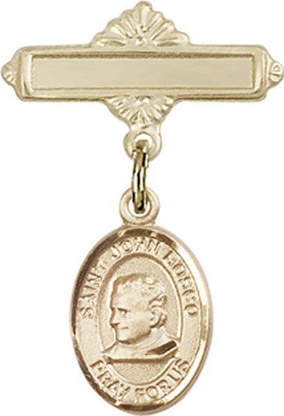 Personalized Baby Badge - Engraved Badge Pin with St. John Bosco Charm