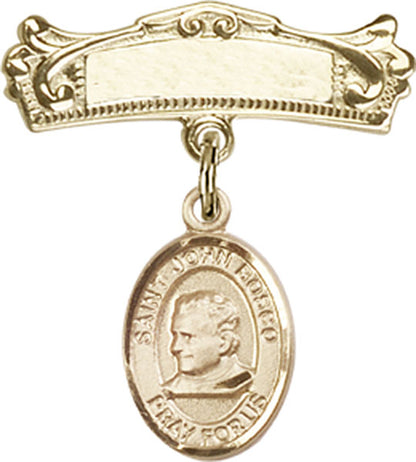 Personalized Baby Badge - Engraved Badge Pin with St. John Bosco Charm
