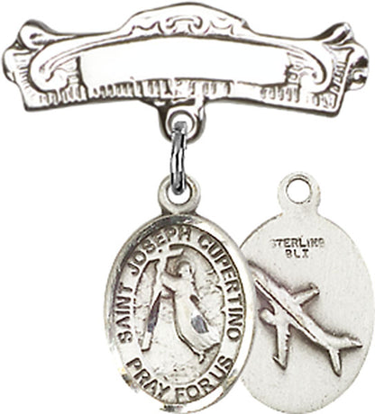 Personalized Baby Badge - Engraved Badge Pin with St. Joseph of Cupertino Charm