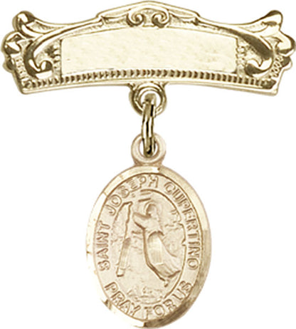 Personalized Baby Badge - Engraved Badge Pin with St. Joseph of Cupertino Charm
