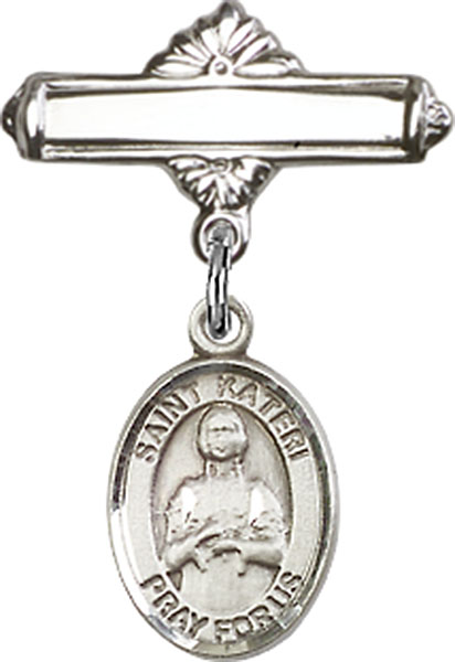 Personalized Baby Badge - Engraved Badge Pin with St. Kateri Tekakwitha Charm