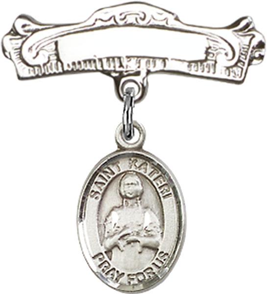 Personalized Baby Badge - Engraved Badge Pin with St. Kateri Tekakwitha Charm
