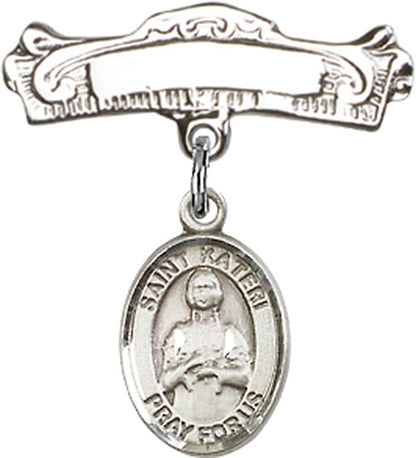 Personalized Baby Badge - Engraved Badge Pin with St. Kateri Tekakwitha Charm