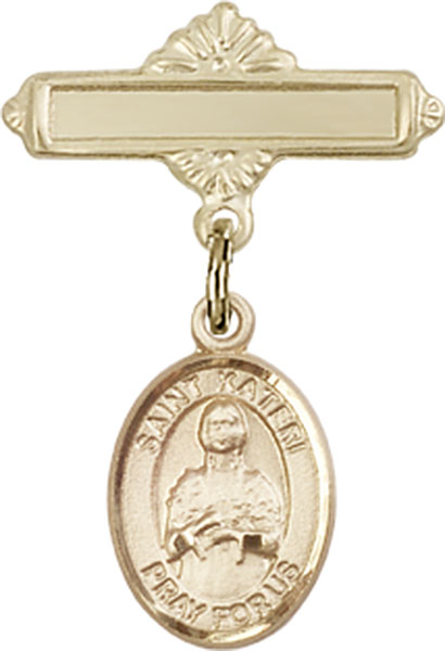 Personalized Baby Badge - Engraved Badge Pin with St. Kateri Tekakwitha Charm