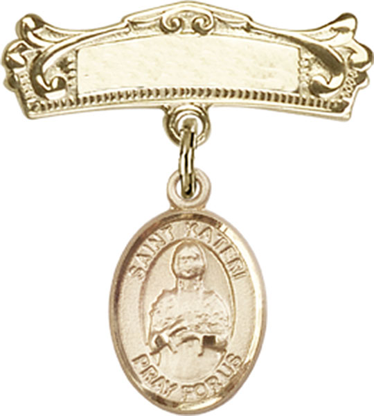 Personalized Baby Badge - Engraved Badge Pin with St. Kateri Tekakwitha Charm