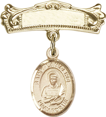 Personalized Baby Badge - Engraved Badge Pin with St. Lawrence Charm