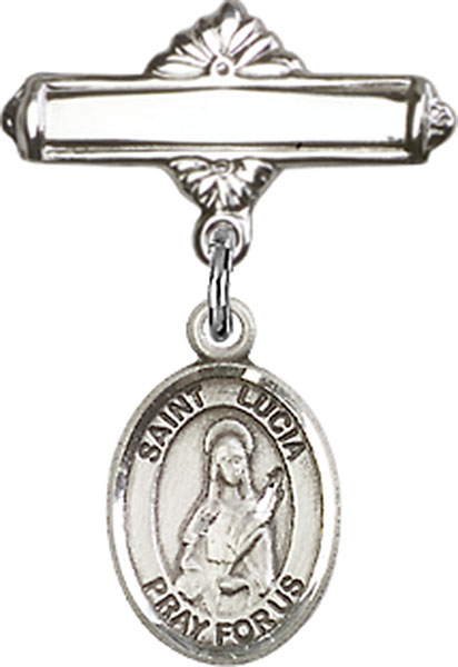 Personalized Baby Badge - Engraved Badge Pin with St. Lucia of Syracuse Charm
