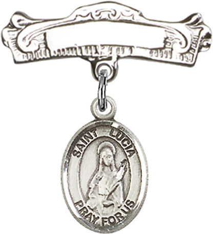 Personalized Baby Badge - Engraved Badge Pin with St. Lucia of Syracuse Charm