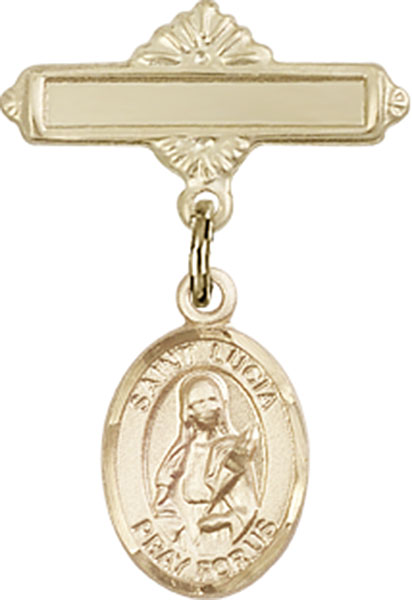Personalized Baby Badge - Engraved Badge Pin with St. Lucia of Syracuse Charm