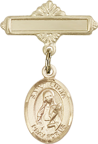 Personalized Baby Badge - Engraved Badge Pin with St. Lucia of Syracuse Charm