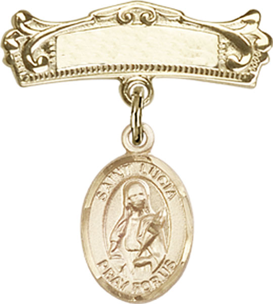 Personalized Baby Badge - Engraved Badge Pin with St. Lucia of Syracuse Charm