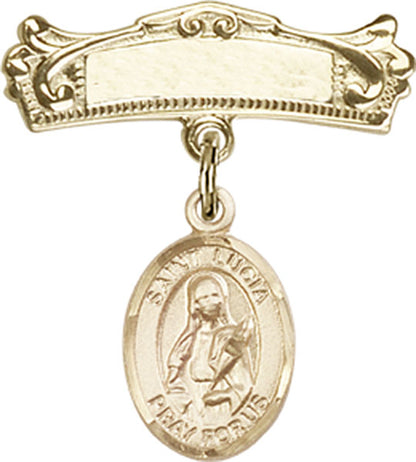 Personalized Baby Badge - Engraved Badge Pin with St. Lucia of Syracuse Charm