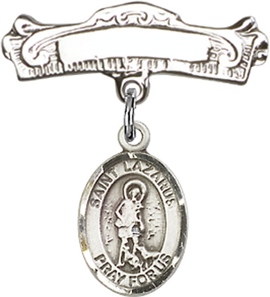 Personalized Baby Badge - Engraved Badge Pin with St. Lazarus Charm