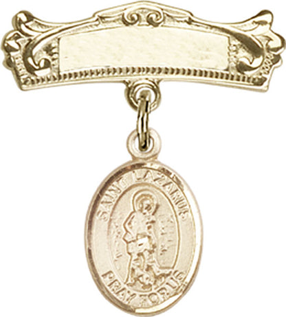 Personalized Baby Badge - Engraved Badge Pin with St. Lazarus Charm