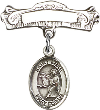 Personalized Baby Badge - Engraved Badge Pin with St. Luke the Apostle Charm