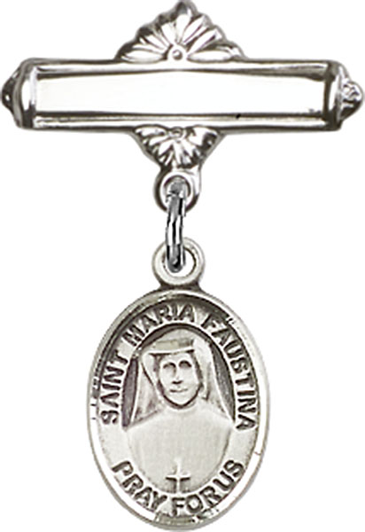Personalized Baby Badge - Engraved Badge Pin with St. Maria Faustina Charm