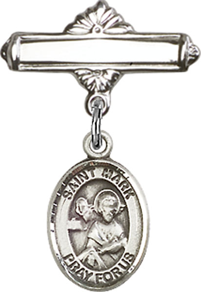 Personalized Baby Badge - Engraved Badge Pin with St. Mark the Evangelist Charm