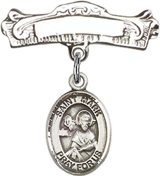 Personalized Baby Badge - Engraved Badge Pin with St. Mark the Evangelist Charm
