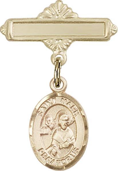 Personalized Baby Badge - Engraved Badge Pin with St. Mark the Evangelist Charm