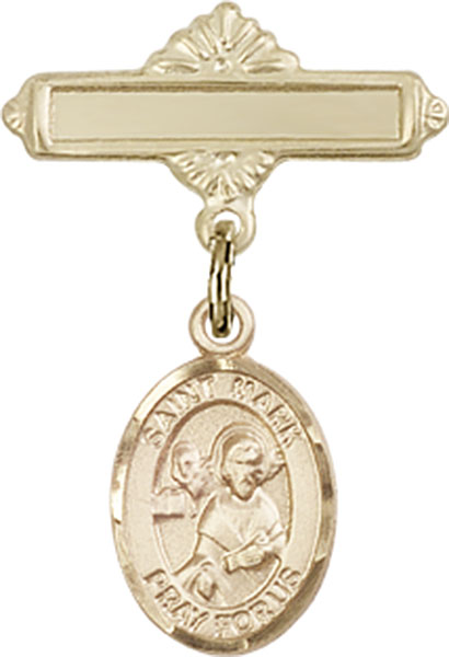 Personalized Baby Badge - Engraved Badge Pin with St. Mark the Evangelist Charm