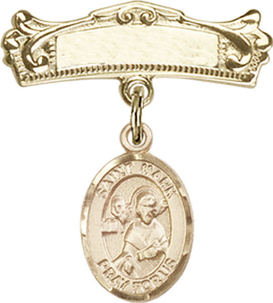 Personalized Baby Badge - Engraved Badge Pin with St. Mark the Evangelist Charm