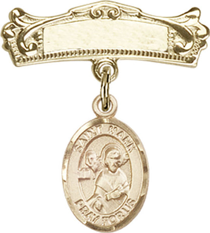 Personalized Baby Badge - Engraved Badge Pin with St. Mark the Evangelist Charm