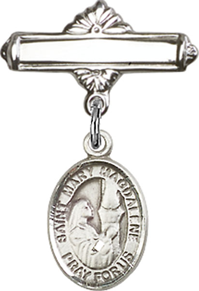 Personalized Baby Badge - Engraved Badge Pin with St. Mary Magdalene Charm