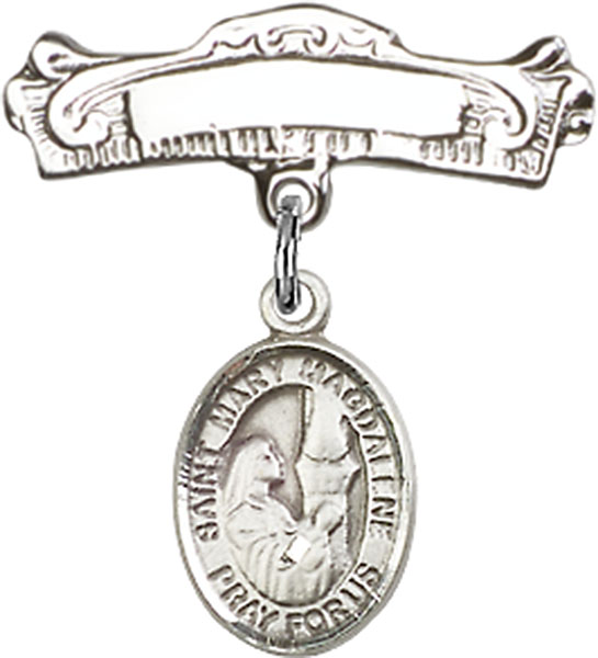 Personalized Baby Badge - Engraved Badge Pin with St. Mary Magdalene Charm