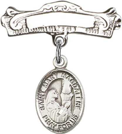 Personalized Baby Badge - Engraved Badge Pin with St. Mary Magdalene Charm