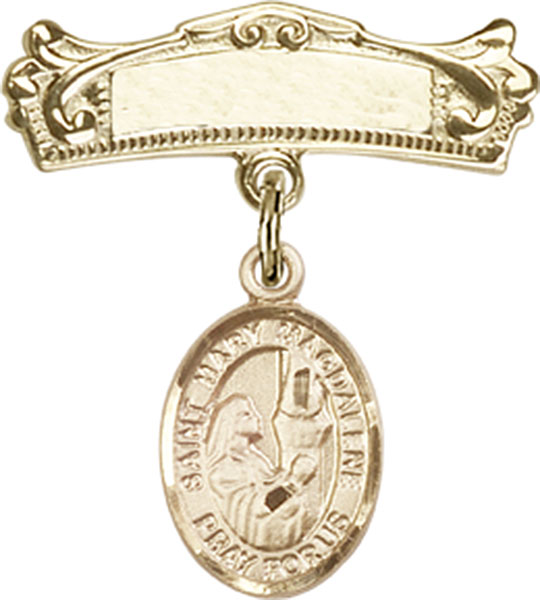 Personalized Baby Badge - Engraved Badge Pin with St. Mary Magdalene Charm