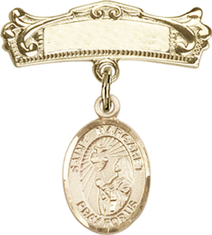 Personalized Baby Badge - Engraved Badge Pin with St. Margaret Mary Alacoque Charm
