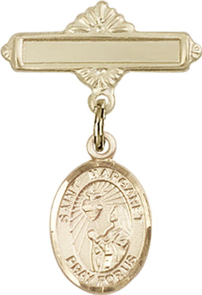 Personalized Baby Badge - Engraved Badge Pin with St. Margaret Mary Alacoque Charm
