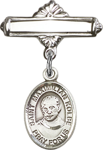 Personalized Baby Badge - Engraved Badge Pin with St. Maximilian Kolbe Charm