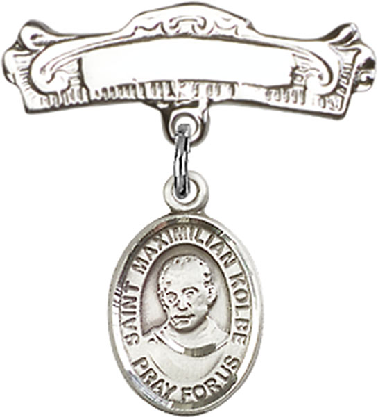 Personalized Baby Badge - Engraved Badge Pin with St. Maximilian Kolbe Charm