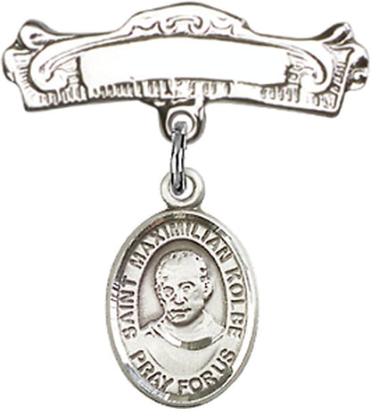 Personalized Baby Badge - Engraved Badge Pin with St. Maximilian Kolbe Charm