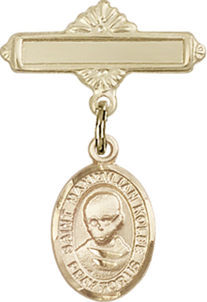 Personalized Baby Badge - Engraved Badge Pin with St. Maximilian Kolbe Charm