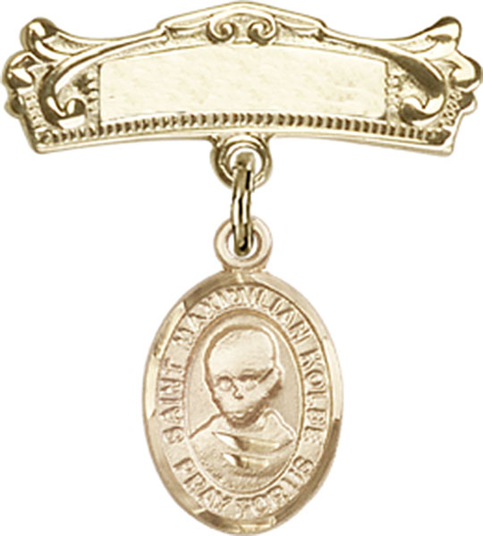 Personalized Baby Badge - Engraved Badge Pin with St. Maximilian Kolbe Charm